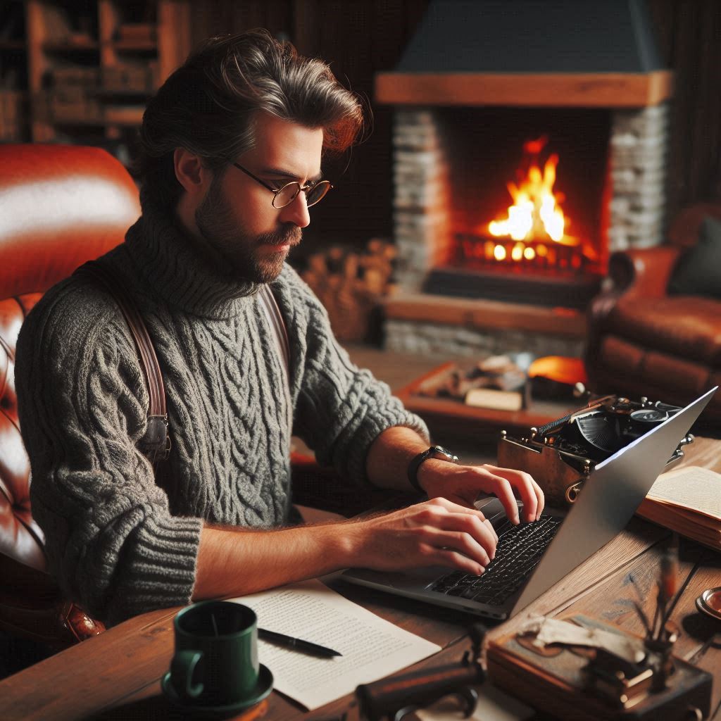 Copywriter crafting a piece of text at his home desk.. Copywriting is important for your small online business.