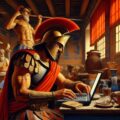 Illustration of a hoplite focused on writing on a laptop, representing the discipline required to become a better freelance writer.