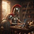 An illustration of a hoplite in armor typing on a laptop, symbolizing the Thumos approach to mastering English writing skills for business and personal growth.