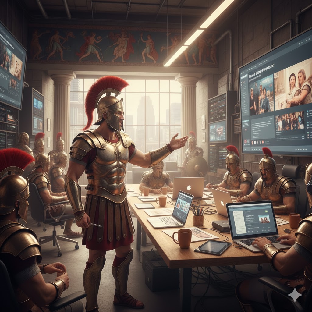 An illustration of a boardroom meeting with armored leaders holding a strategy session using laptops and data screens, representing the comparison between traditional business authority and content marketing.